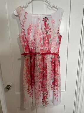 Pink Floral Print Sleeveless Dress with Belt